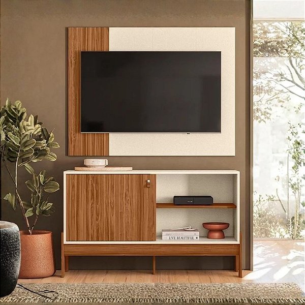 CONJUNTO RACK + PAINEL 1.2 WOOD CINAMOMO MEL / OFF WHITE