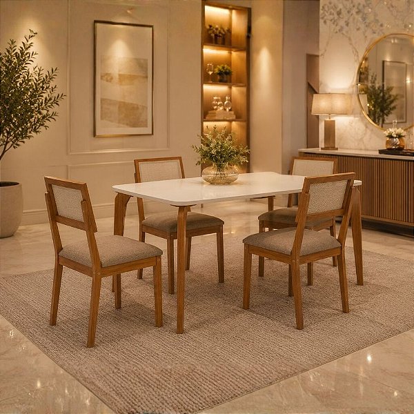 MESA PAPAIA 1,30 C/ VIDRO - MADEIRA/OFF WHITE + (02) JOGO 02 CADEIRAS ENCANTO ORNAE II - MADEIRA/LINHO BEGE