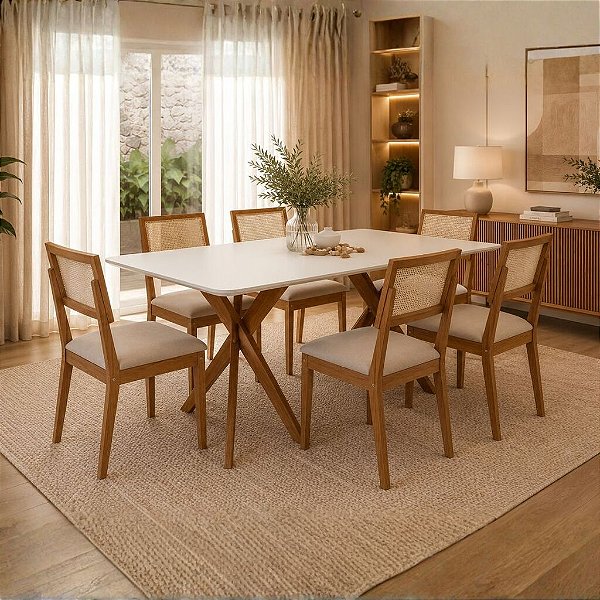 MESA CACAU 1,80 C/ VIDRO - MADEIRA/OFF WHITE + (03) JOGO 02 CADEIRAS ENCANTO ORNAE II - MADEIRA/LINHO BEGE