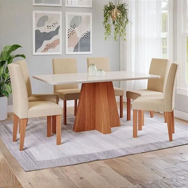 SALA DE JANTAR LARISSA 1,60 C/ VIDRO C/ 6 CAD MAIA - CINAMOMO/OFFWHITE/GENGIBRE