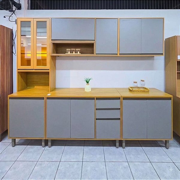 COZINHA EDUARDA PLUS 5 PECAS CRISTALEIRA - CINAMOMO/ CINZA ACETINADO