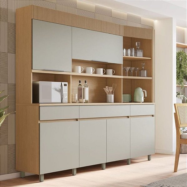 COZINHA 6 PORTAS 3 GAVETAS NESHER REALEZA 220CM 100% MDF - CARVALHO-GREIGE