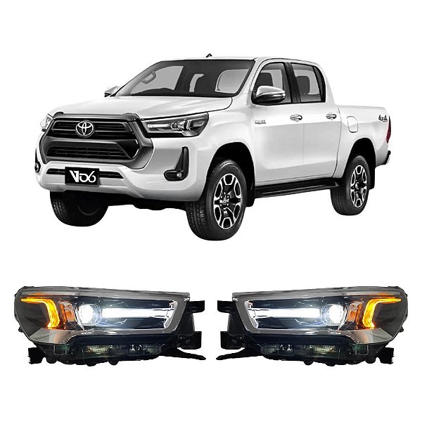 Farol Full LED Cromado Toyota Hilux 2021 a 2024 com DRL e Seta Sequencial