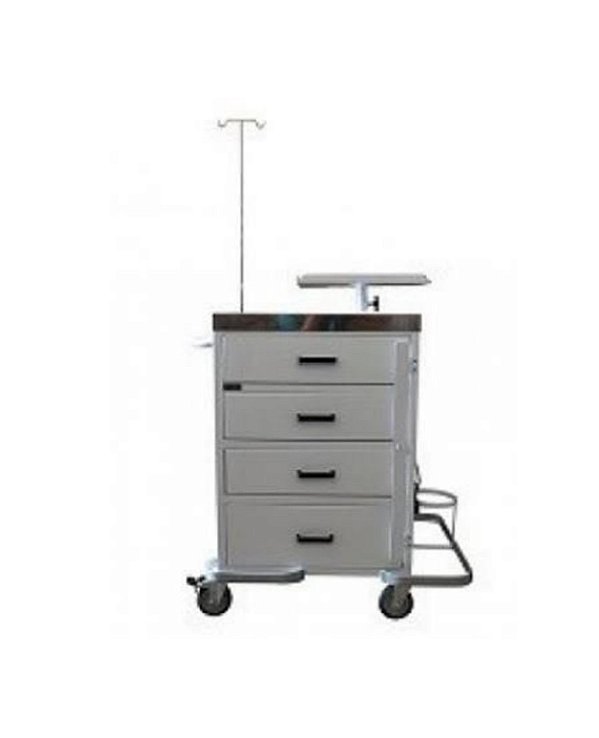 CARRO EMERGÊNCIA/PARADA ESMAL., C/ SUP. P/ MONITOR, TAMPO INOX, COMPACTO COM FILTRO LINHA