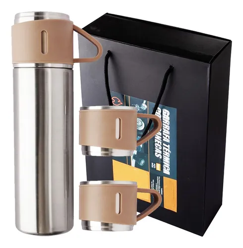 Kit Garrafa Térmica Inox Vacuum 370ml + 3 Xícaras