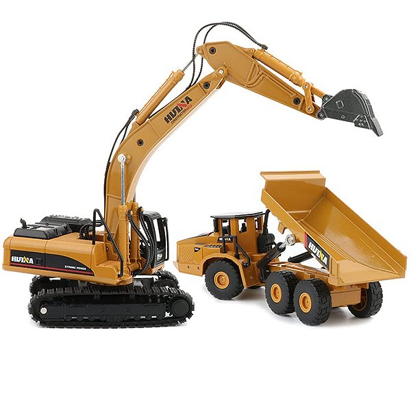 Miniaturas Huina 1611 1/50 Caminhão Basculante e Escavadora