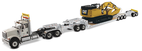 Miniatura Caminhão International Plataforma Hx520 E Escavadeira Caterpillar 349F 1/50 Diecast Masters