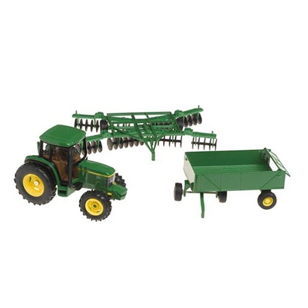 Conjunto Miniaturas John Deere 6410 com Vagão e Grade de Discos 1/32 Tomy ERTL