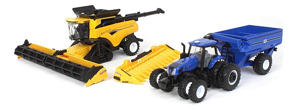 Set de Miniatura de Colheita New Holland Colheitadeira CR8.90 Smartrax e Trator com Graneleiro 1/64 ERTL