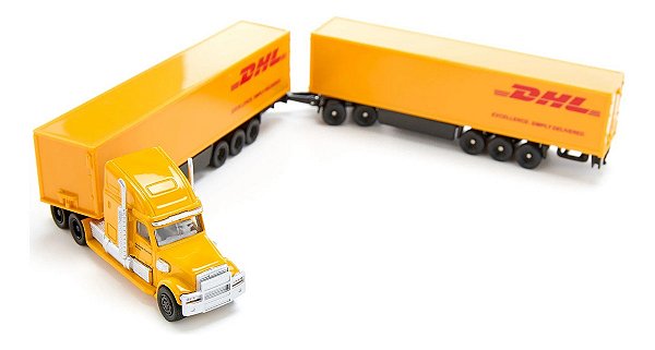 Miniatura Carreta Bitrem Siku Freightliner Cascadia DHL Escala 1:87 Metal Diecast