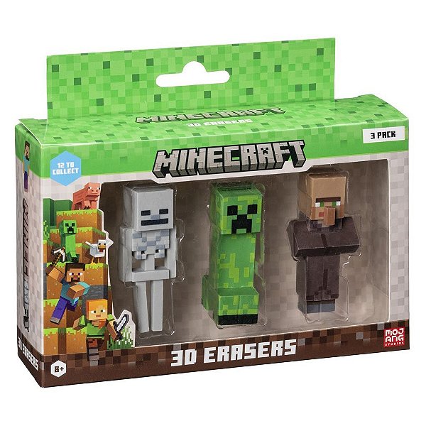 Display Borrachas Colecionáveis 3D Minecraft PMI Kids em Window Box Licença Mojang