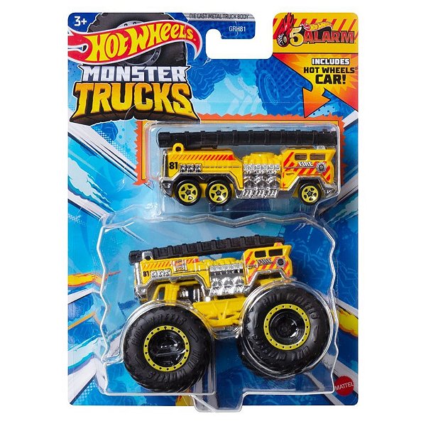 Miniatura Hot Wheels Monster Truck Plus Car 5 Alarm JJT59 Diecast Original Colecionável