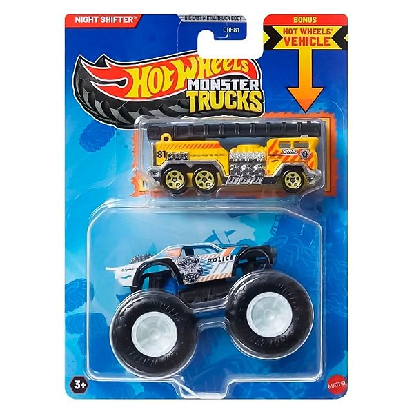 Miniatura Hot Wheels Monster Truck Plus Car Night Shifter JJT60 Diecast Original Colecionável
