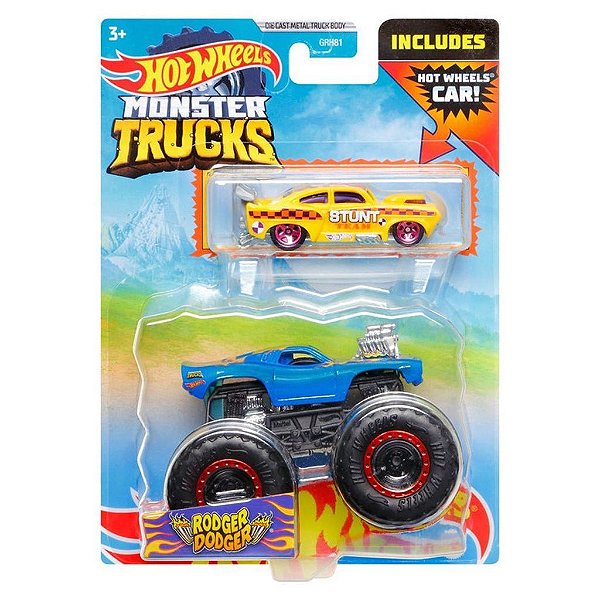 Miniatura Hot Wheels Monster Truck Plus Car Rodger Dodger JJT65 Diecast Original Colecionável