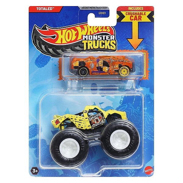 Miniatura Hot Wheels Monster Truck Plus Car Totaled JCG32 Diecast Original Colecionável