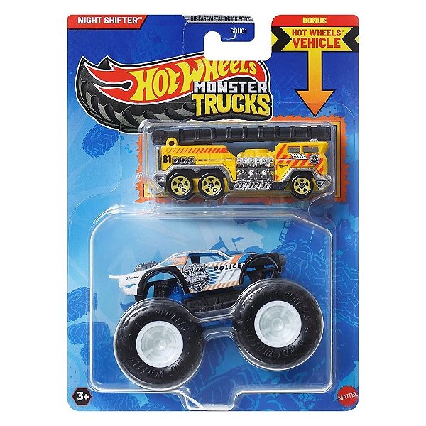 Miniatura Hot Wheels Monster Truck Plus Car Night Shifter JCG38 Diecast Original Colecionável