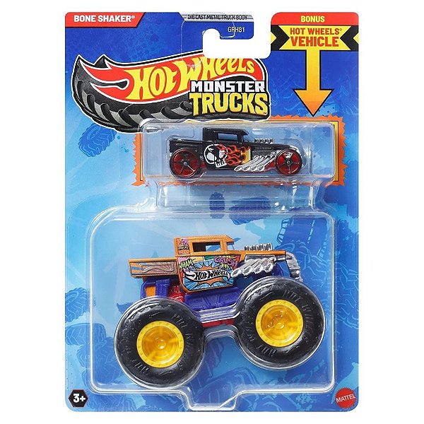 Miniatura Hot Wheels Monster Truck Plus Car Bone Shaker JCG41 Diecast Original Colecionável
