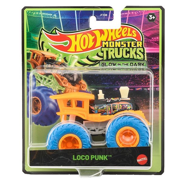 Miniatura Hot Wheels Monster Truck Glow In the Dark Loco Punk JFX20 Diecast Original Colecionável