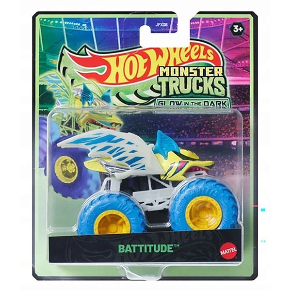 Miniatura Hot Wheels Monster Truck Glow In the Dark Battitude JFX16 Diecast Original Colecionável
