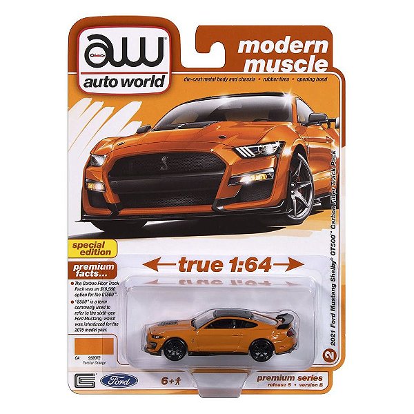 Miniatura Auto World Modern Muscle 2021 Ford Mustang Shelby GT500 Laranja 1:64