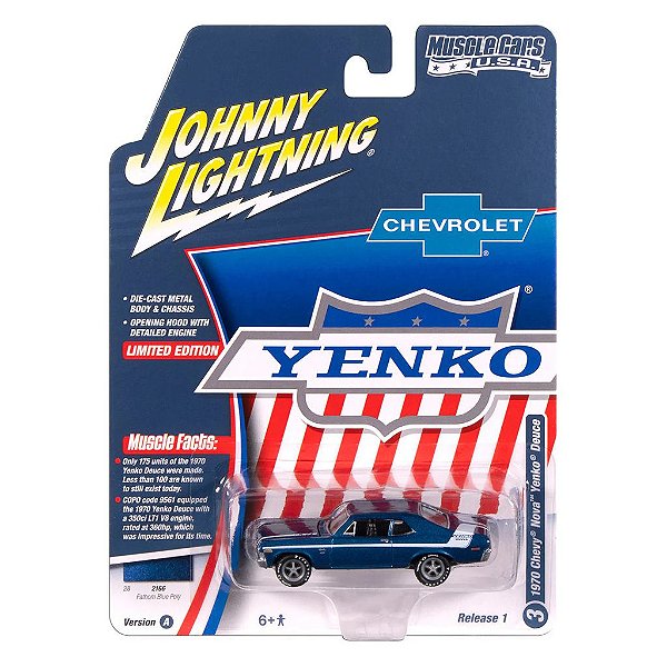 Miniatura Johnny Lightning Muscle Cars 1970 Chevy Nova Yenko Deuce Azul 1:64