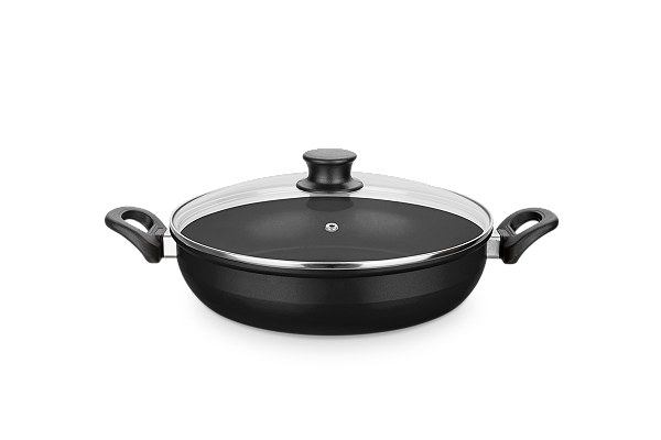 PAELLERA ANTIADERENTE COM TAMPA DE VIDRO PRETA 28CM