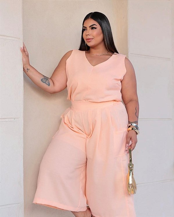 Conjunto Calça Pantacourt e Blusa Regata - Tecido Crepe - Plus Size