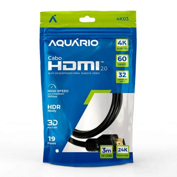 CABO HDMI 3M 2.0  4K- PONTA BANHADA A OURO AQUÁRIO 4K03
