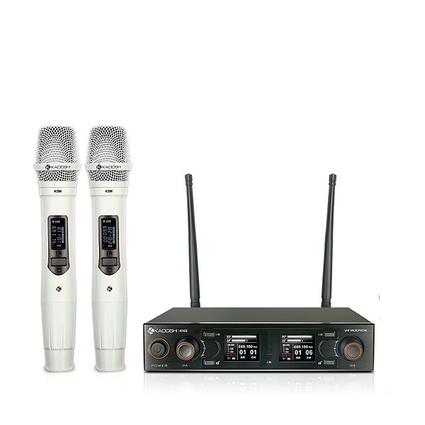 MICROFONE SEM FIO KADOSH K502M BASTÃO DUPLO UHF BRANCO RECARREGÁVEL
