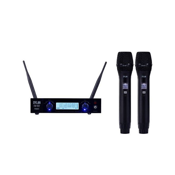 MICROFONE SEM FIO DYLAN DW-902 POWER 2 BASTÕES DE MÃO UHF RECARREGAVEL