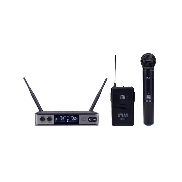 MICROFONE SEM FIO DYLAN UDX-05 MULTI 1 BASTÃO DE MÃO 1 HEADSET 1 LAPELA UHF