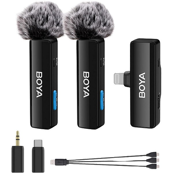 MICROFONE DE LAPELA DUPLO BOYA SEM FIO WIRELESS TIPO C/LIGHTNING IPHONE/P2 BOYALINK-A2