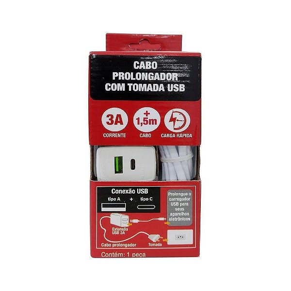 CABO PROLONGADOR FONTE CARREGADOR CELULAR  USB 3.0 E TIPO C  1,5M BR FORCE LINE