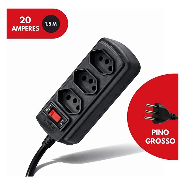 FILTRO DE LINHA 3 TOMADAS 20A 1.5 METROS DISJUNTOR REARMAVEL FORCE LINE PRETO 60300011