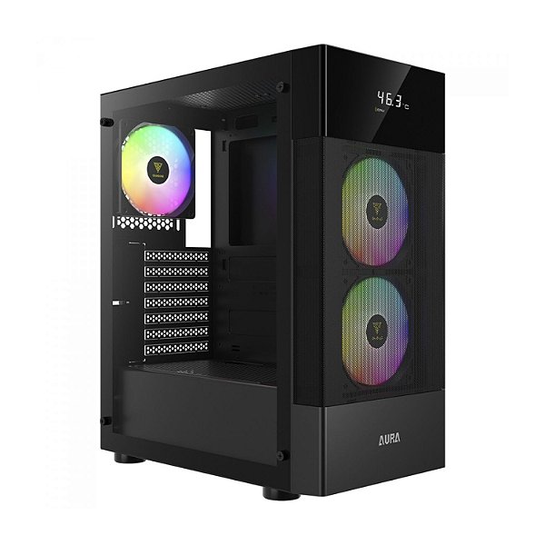 GABINETE GAMER GAMDIAS AURA GC5 COM DISPLAY DIGITAL ATX COM 3 FANS ARGB PRETO
