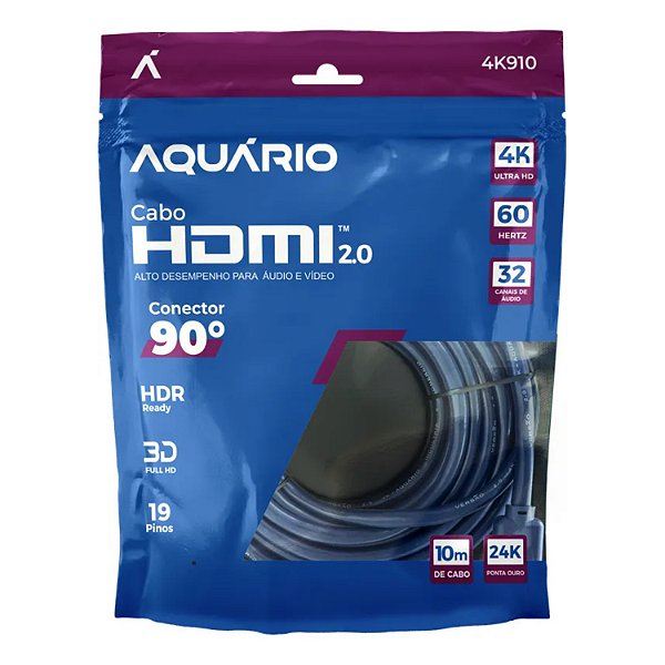 CABO HDMI 10M 90 GRAUS 2.0-4K-60HZ - PONTA BANHADA A OURO AQUÁRIO 4K910