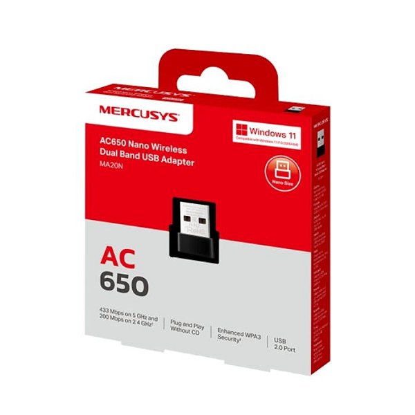 ADAPTADOR WIRELESS NANO USB MERCUSYS AC650 MA20N