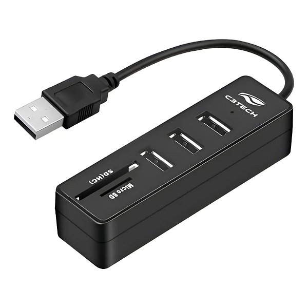 HUB USB 3 PORTAS 2.0 LEITOR DE CARTAO SD E MICRO SD HU-L200BK PRETO C3TECH
