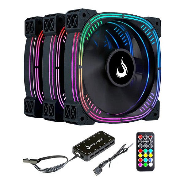 KIT COOLER GABINETE RISE MODE AURA PRO BLACK 3X FAN 120MM ARGB PRETO