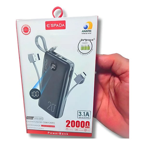 BATERIA EXTERNA POWER BANK  20000 MAH ESPADA BTE-02E1