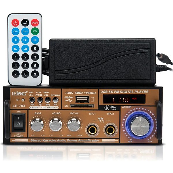 AMPLIFICADOR DE SOM AMBIENTE 120W RMS BLUETOOTH/USB/SD/MP3/FM 110V LELONG LE-704