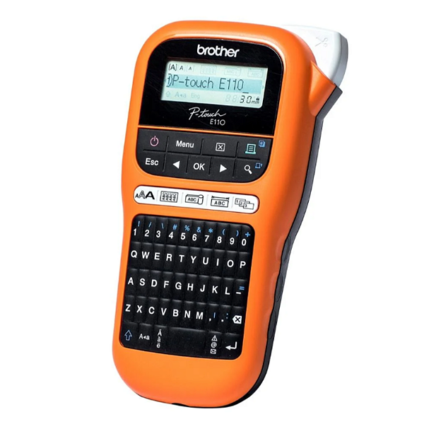 ROTULADOR ETIQUETADORA ELETRÔNICO BROTHER PTE110, LARANJA, TECLADO QWERTY DISPLAY GRÁFICO, 10 TEXTOS, 16 CARACTERES