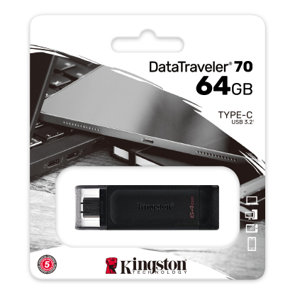 PEN DRIVE 64GB KINGSTON DATATRAVELER 70 PRETO TYPE-C TIPO-C