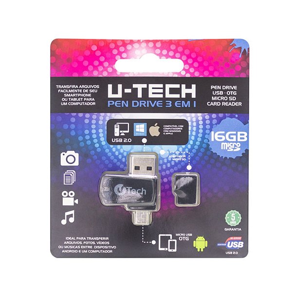 CARTAO MICRO SD 16GB  + LEITOR PEN DRIVE USB OTG UTECH 3 EM 1