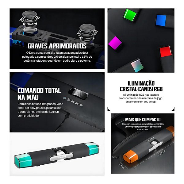 SOUNDBAR REDRAGON DORA GS512 RGB BLUETOOTH, USB-C E CONTROLE DE VOLUME