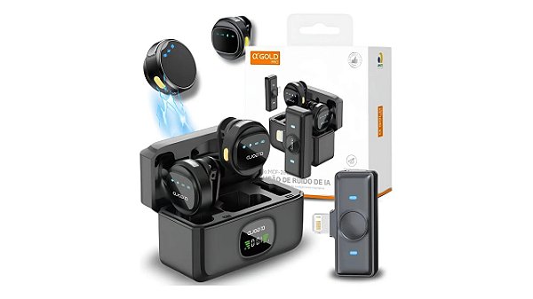 MICROFONE DE LAPELA DUPLO LIGHTNING/IPHONE SEM FIO WIRELESS  GOLD