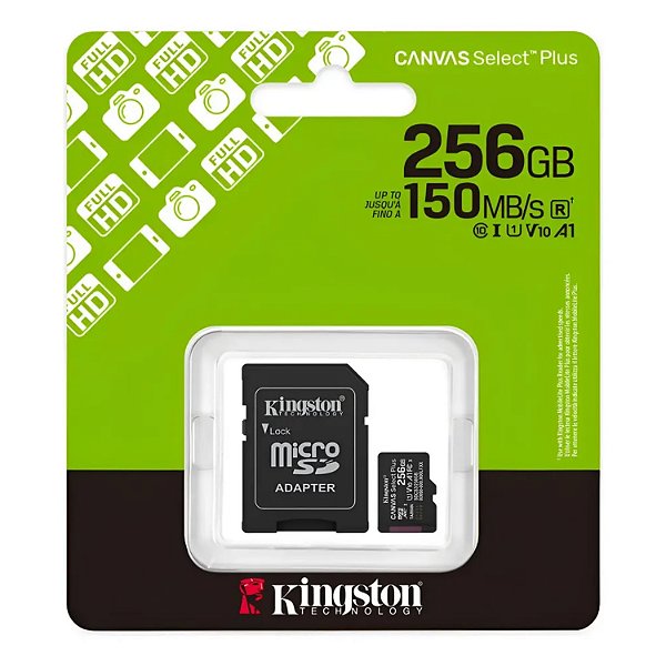 CARTAO DE MEMORIA MICRO SD 256GB KINGSTON CLASSE 10 150MB/S CANVAS SELECT PLUS
