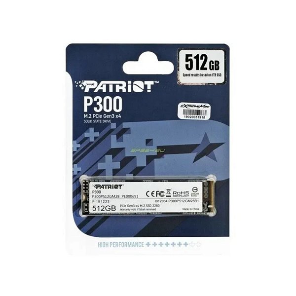 SSD PATRIOT P300 512GB M.2 2280 NVME PCIE LEITURA 1700MBS E GRAVAÇÃO 1100MBS P300P512GM28
