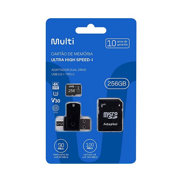 CARTAO DE MEMORIA MICRO SD MULTI 256GB 4K V30 CLASSE 10 COM ADAPTADOR TIPO C E USB MC154