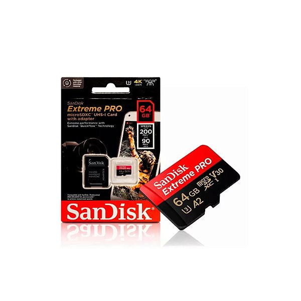 CARTAO DE MEMORIA SANDISK MICRO SD 64GB CLASSE 10 EXTREME PRO 200 MB/S 4K